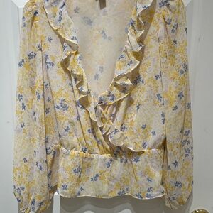NWOT Ann Taylor Yellow and Blue Floral Ruffle Wrap Blouse